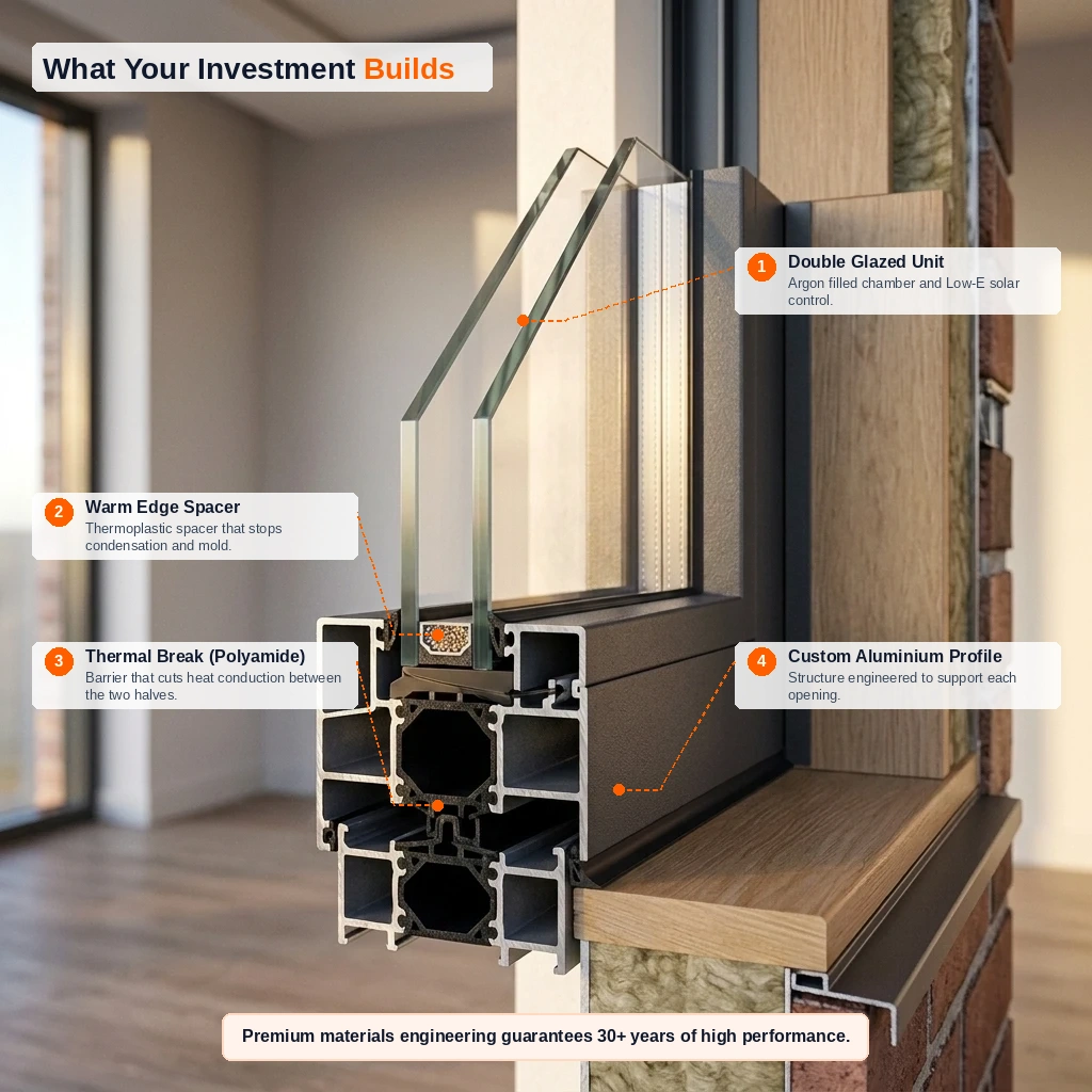 Cutaway assembly of a high-end window highlighting: (1) double glazed unit, (2) warm edge spacer, (3) polyamide thermal break and (4) custom aluminium profile.