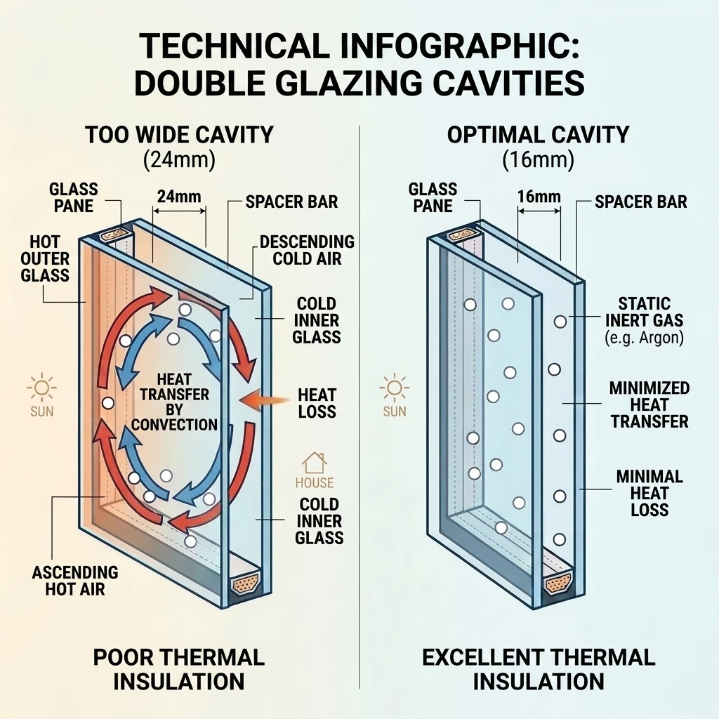 Diagram showing the convection loop in an overly wide cavity versus static gas molecules in an ideal 16 mm cavity