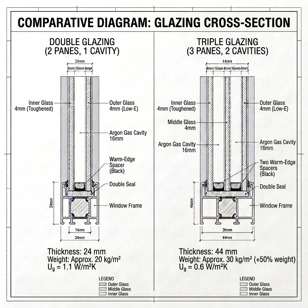 Comparative cross-section showing 2-pane, 1-cavity double glazing versus 3-pane, 2-cavity triple glazing