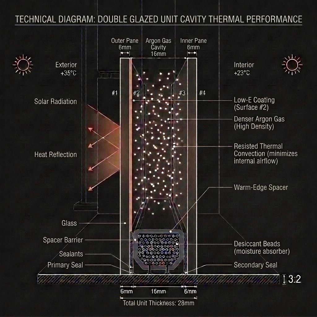 Double glazing technical diagram and cavity thermal performance
