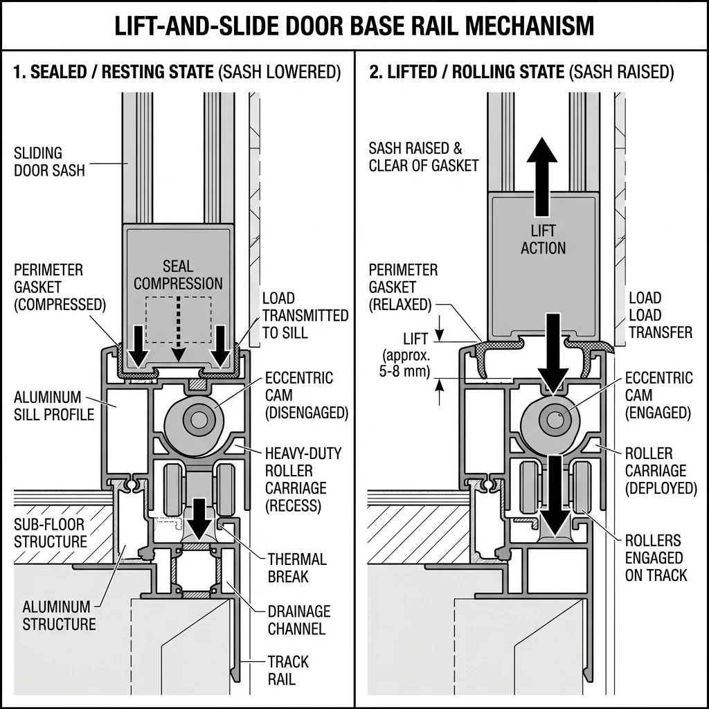 Schematic section of the sash base showing the rest and movement states